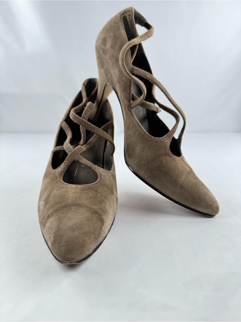 Enzo Angiolini Vintage Brown Suede Strappy Pointed Toe Pumps Heels Size 6.5
